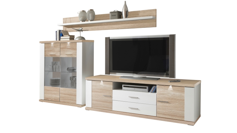 Wohnwand Eiche - weiß hochglanz 294 cm Beleuchtung - MANHATTAN 